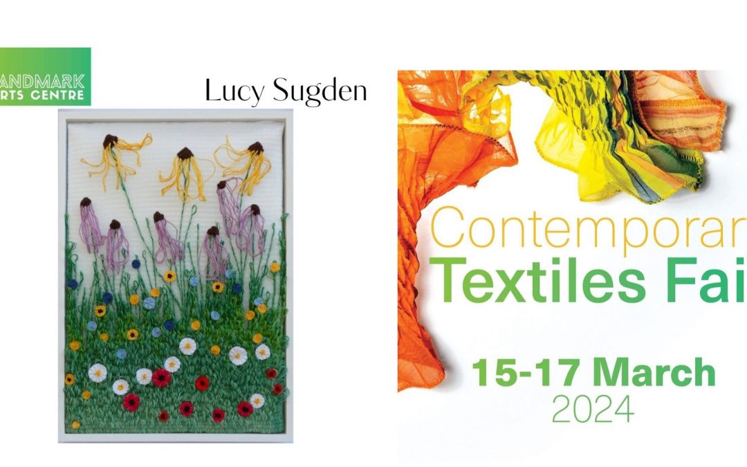 A promotional image showing Lucy Sugden's woven tapestry Pollinators Paradise to promote the Contemporary Textiles Fair 15th-17th March at Landmark Arts Centre, Teddington.