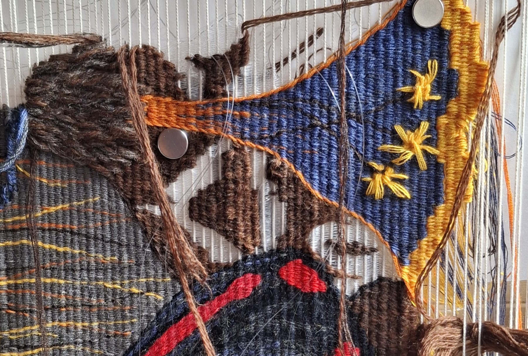 Lucy Sugden Hunting Tigers and Woolly Bears woven tapestry on the loom 2a
