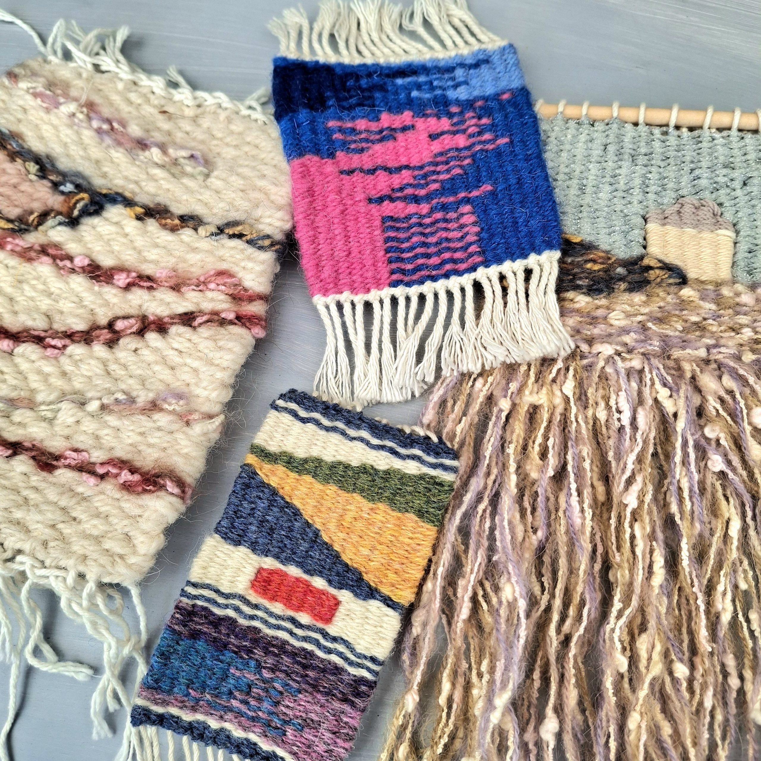 A collection of small, hand-woven tapestry samples showcasing different teen-friendly styles, including a neon pink and blue abstract piece, a neutral textured weave, and a shaggy bohemian-style fringe.